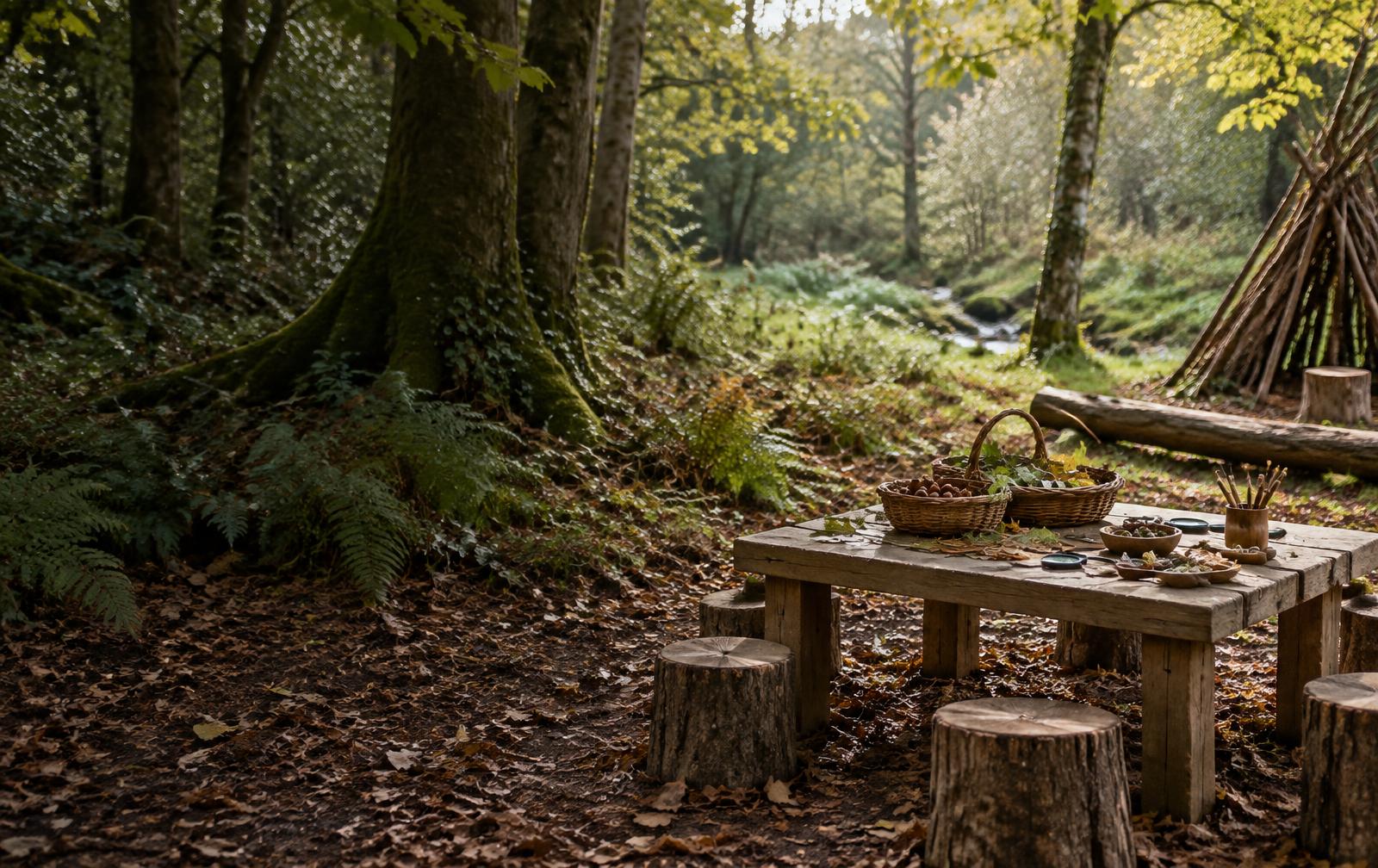 A woodland learning table prepared with natural materials